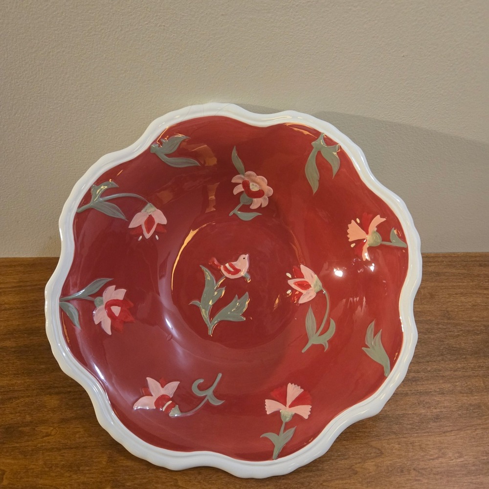 Fitz & Floyd Chalet Red Scalloped Hand Painted Floral Bird Ceramic Serving Bowl